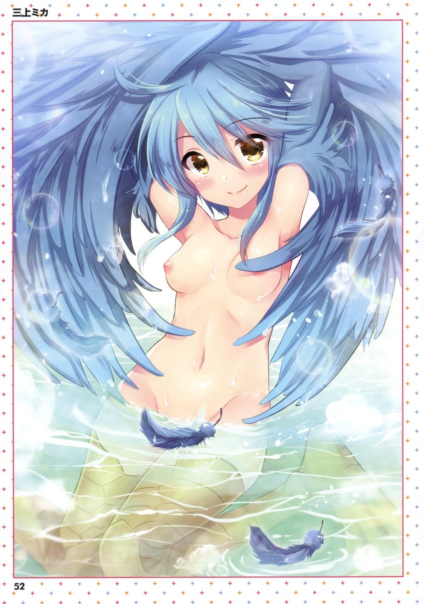 absurdres ahoge arms_up artbook artist_name bird_legs blue_hair blue_wings blush border breasts convenient_censoring eyebrows_visible_through_hair feathered_wings feathers female groin harpy highres lips looking_at_viewer mikami_mika monster monster_girl monster_musume_no_iru_nichijou navel nipples nude page_52 page_number papi_(monster_musume) partially_submerged scan short_hair_with_long_locks sidelocks sitting small_breasts smile solo stomach wariza water white_border winged_arms wings yellow_eyes