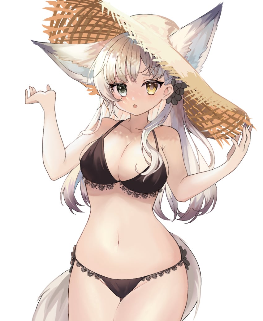 animal_ears bangs bare_arms bare_shoulders bikini black_bikini breasts chinese_commentary cleavage commentary_request cowboy_shot ears_through_headwear female female fox_ears fox_tail grey_eyes groin hands_up hat heterochromia highres lace lace-trimmed_bikini lace_trim large_breasts long_hair looking_at_viewer navel original parted_lips silver_hair simple_background solo standing stomach sun_hat swimsuit tail thighs uuuu_(xinguwu) white_background yellow_eyes