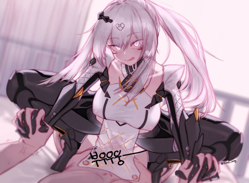 1boy android bar_censor breasts censored closed_mouth commentary covered_nipples covered_penetration cowgirl_position english_commentary eonsang eyebrows_visible_through_hair female girls'_frontline hair_between_eyes hair_ornament highres holding_hands implied_sex indoors interlocked_fingers large_breasts licking_lips long_hair looking_at_viewer md5_mismatch nyto_(girls'_frontline) paradeus pelvic_curtain penis ponytail pov sex sex_under_clothes sex_under_dress sex_under_skirt silver_hair solo_focus squatting_cowgirl_position straddling straight teal_(girls'_frontline) tongue tongue_out vaginal_penetration