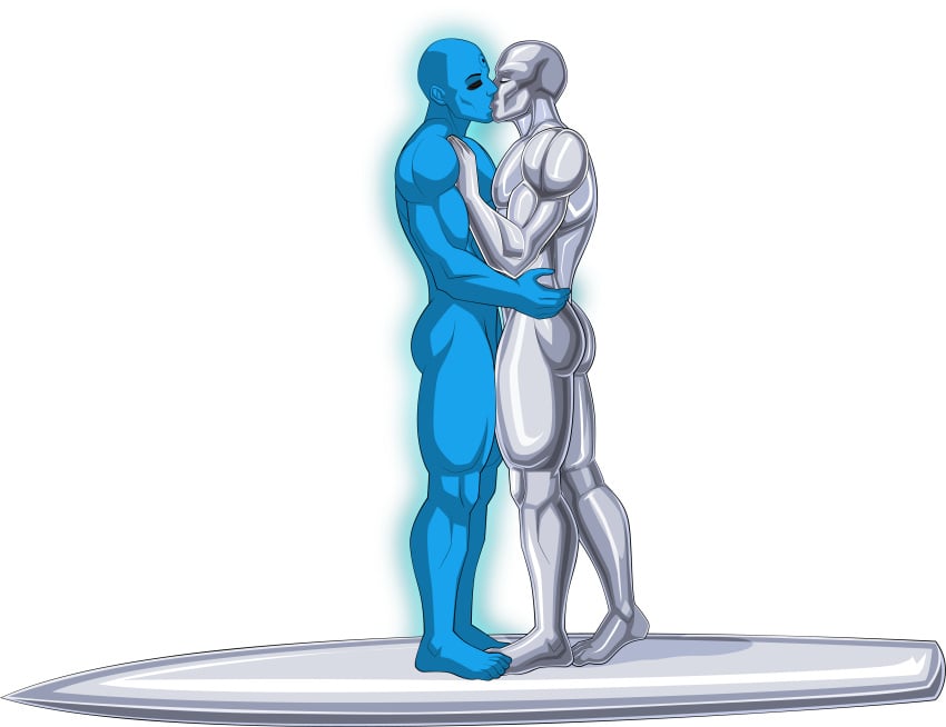 2boys 5_toes alien ass blue-skinned_male blue_skin crossover dc doctor_manhattan fantastic_four gay glowing humanoid kissing male male_only marvel marvel_comics metallic_body muscular naked norrin_radd pecs shiny_skin silver_surfer sparksstars watchmen yaoi