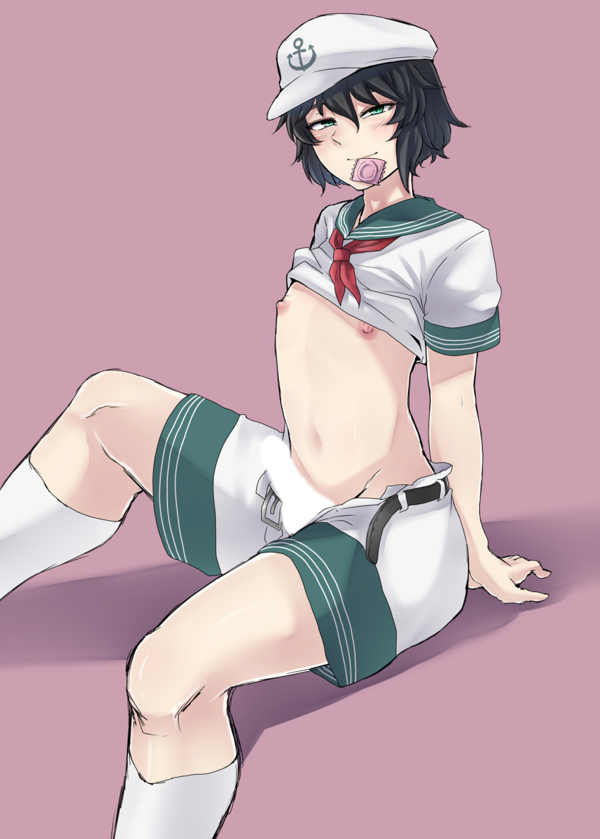 1boy anchor_print bangs belt black_belt black_hair blank_censor censored closed_mouth clothes_lift commentary_request condom condom_in_mouth condom_wrapper erection feet_out_of_frame genderswap_(ftm) green_eyes hair_between_eyes hat highres looking_at_viewer male_focus minamitsu_murasa mouth_hold nicutoka nipples penis red_neckwear rule_63 sailor sailor_collar sailor_hat shirt shirt_lift short_hair short_sleeves shorts smile socks solo solo_male touhou white_headwear white_legwear white_shirt white_shorts