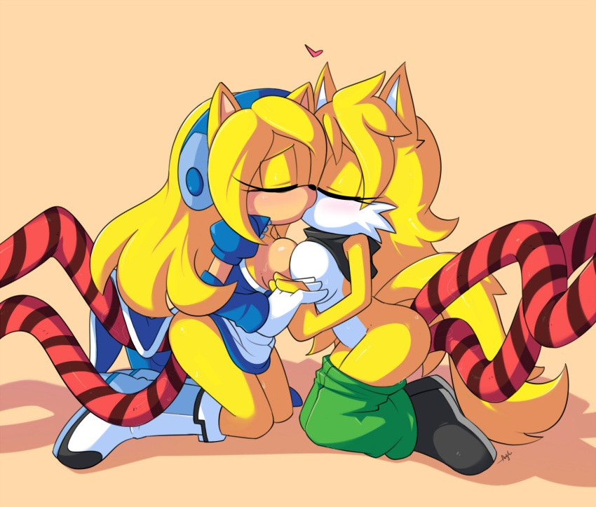 ayb black_shirt blonde_fur blonde_hair blue_dress blush bodily_fluids boots breasts eyelashes fan_character green_pants hedgehog kissing making_out maria_robotnik maria_the_hedgehog original_character sex_from_behind shorts_around_ankles sonic_(series) tentacle tentacle_rape tentacle_sex yuri