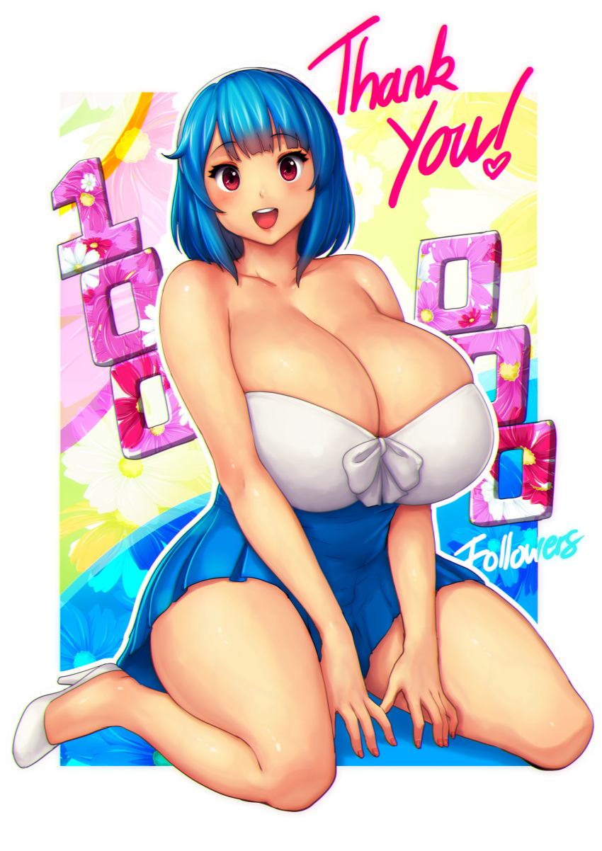 1girls bangs bare_shoulders blue_hair blue_skirt blush blushing_at_viewer border breasts busty cleavage english_text enormous_breasts errorkazoo eye_contact eyebrows_visible_through_hair eyelashes facing_viewer female female_focus fingernail_polish fingernails hi_res high_heels high_resolution highres huge_breasts looking_at_viewer massive_breasts milestone_celebration nail_polish open_mouth original original_character outline pleated_skirt red_eyes rina_atherina_(errorkazoo) shiny shiny_body shiny_breasts shiny_skin short_hair short_skirt sitting skirt smile smiling_at_viewer solo strapless strapless_dress thank_you thick_thighs top_heavy voluptuous white_border white_footwear white_high_heels white_outline wide_hips