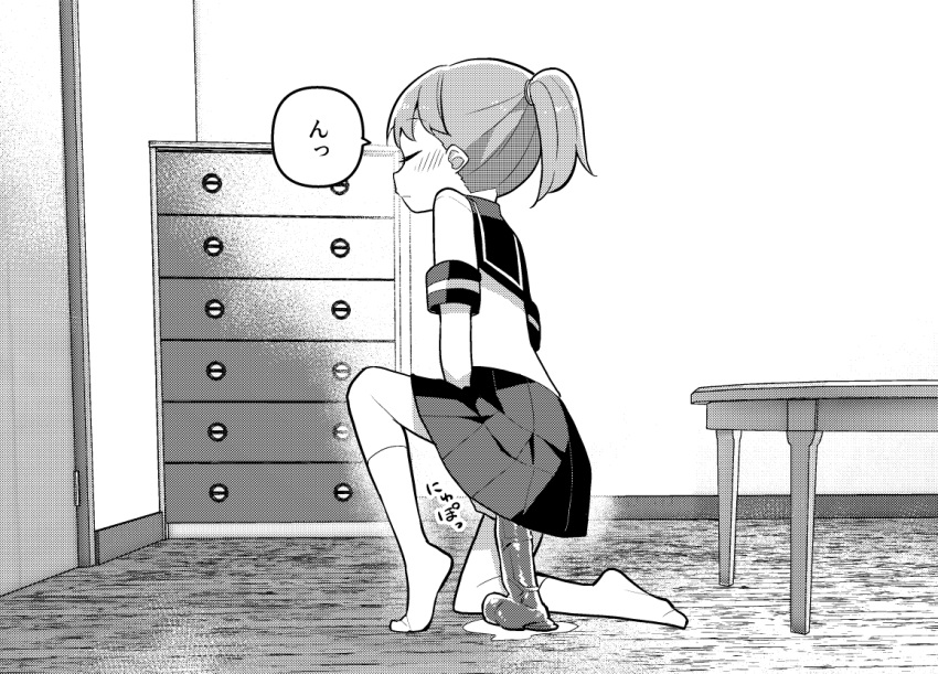 chest_of_drawers closed_eyes commentary dildo door female from_side full_body greyscale monochrome no_shoes one_knee original pleated_skirt ponytail pussy_juice pussy_juice_puddle sailor_collar school_uniform serafuku sex_toy skirt socks solo table tanaka_ahiru translated