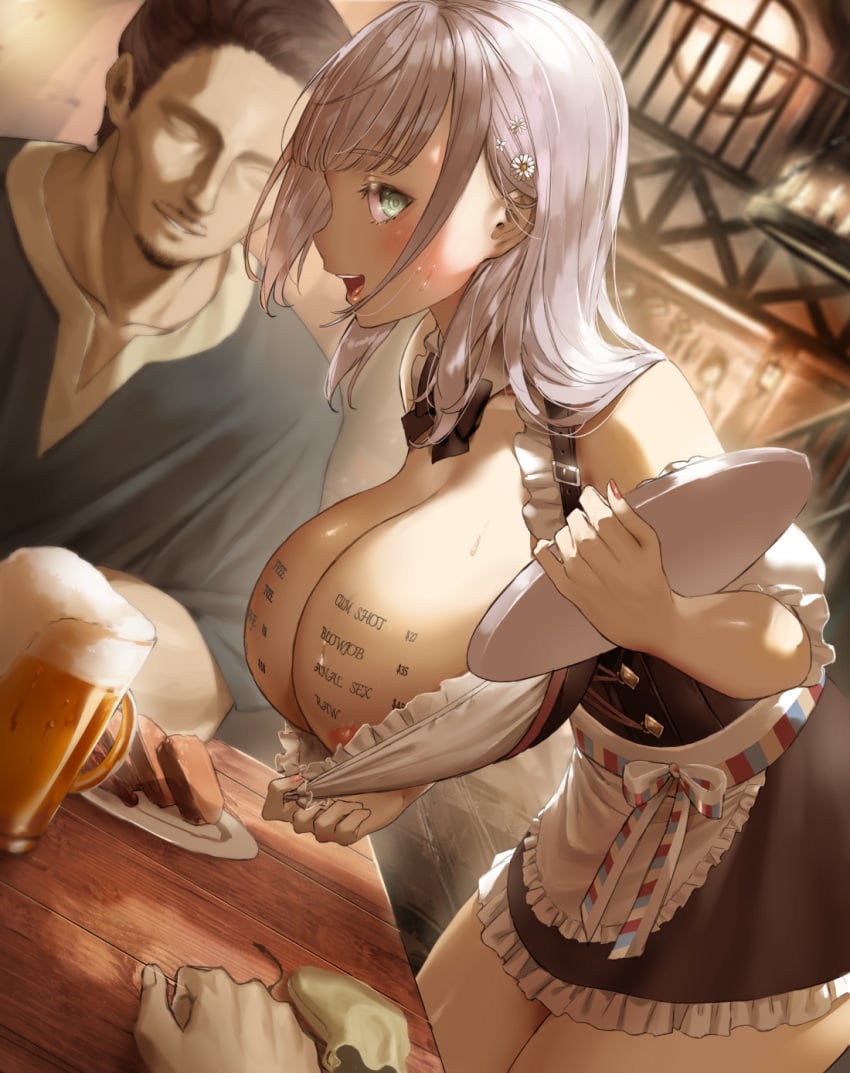 1girls 2boys beer big_breasts body_writing female frilled_apron frills green_eyes highres hololive hololive_fantasy hololive_japan kuroi_suna leaning_forward light-skinned_female light_skin maid maid_uniform menu official_alternate_costume price prostitution shirogane_noel shirt_pull shirt_pulled_down silver_hair tagme tavern tavern_wench virtual_youtuber waitress wench