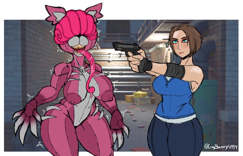 2girls aiming armwear blue_eyes bottomwear breasts brown_eyebrows brown_hair christomwow claws clothed_female_nude_female cosplay crossover cuddle_team_leader cuddle_team_leader_(cosplay) elbow_pads eyebrows eyeless female female_protagonist fingerless_gloves firearm fortnite gloves green_eyes gun hair handgun handwear jill_valentine jill_valentine_(sasha_zotova) large_breasts large_hands licker long_tongue monster_girl mouth multiple_girls nipples nude nude_female open_mouth pistol resident_evil resident_evil_3 sharp_teeth sleeveless teeth thick_thighs tired_eyes tongue tongue_out topwear weapon wide_hips