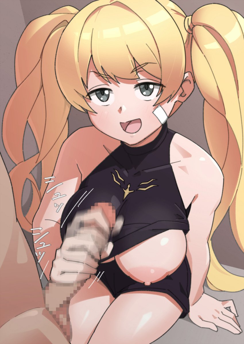 1boy afterimage areolae bandaid bandaid_on_face bangs bare_shoulders black_shirt black_shorts blonde_hair breasts censored clothes_lift eyebrows_visible_through_hair female granblue_fantasy grey_eyes handjob highres ishinoyari large_breasts long_hair looking_at_another monika_weisswind mosaic_censoring motion_blur motion_lines nipples open_mouth penis raised_eyebrows shirt shirt_lift short_shorts shorts sitting sleeveless sleeveless_shirt smile solo_focus sound_effects straight twintails very_long_hair