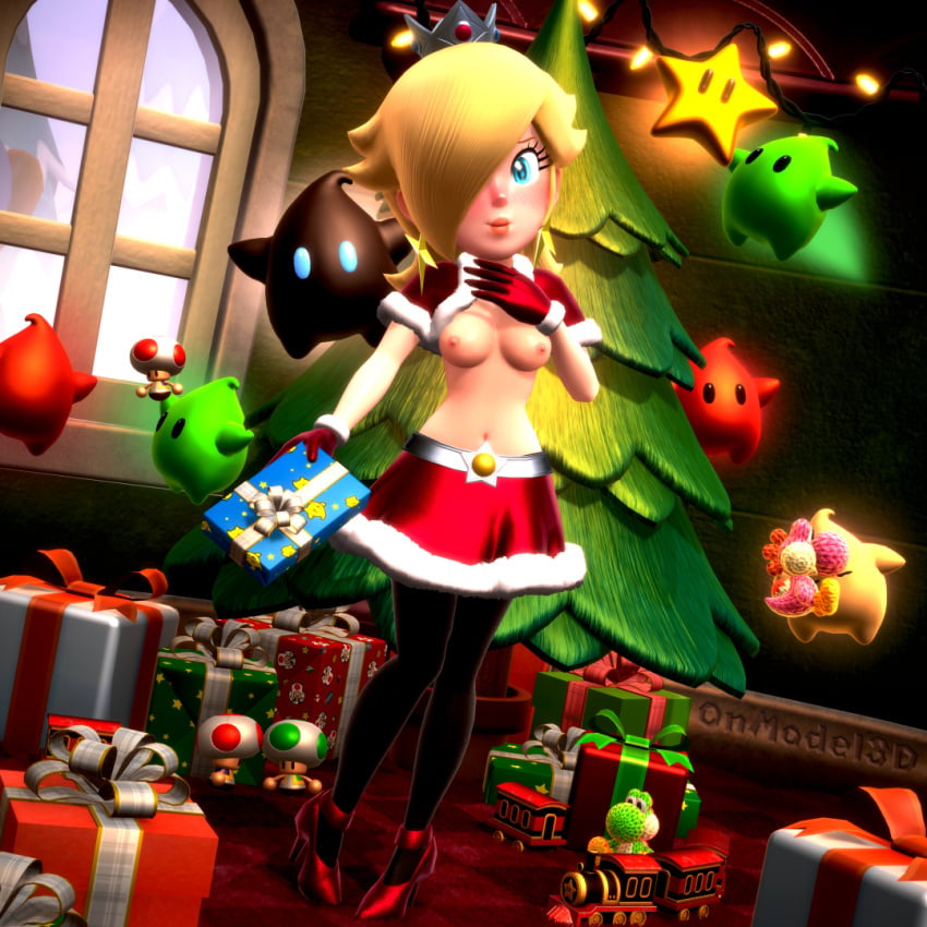 3d alternate_version_at_source alternate_version_available blonde_hair blush blushing_at_viewer christmas christmas_outfit gift gift_box gloves high_heels luma mario_(series) nintendo onmodel3d polari princess_rosalina santa_outfit self_upload shawl skirt smiling smiling_at_viewer super_mario_galaxy tights topless