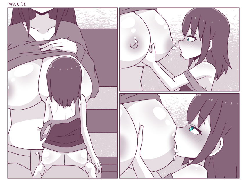 2girls blue_eyes breast_feeding breast_sucking breasts cleavage closed_eyes comic giantess huge_breasts inksgirls lactation lactation_without_expressing long_hair macro_female micro_female micro_on_breasts micro_on_macro micro_on_nipple monochrome page_11 shirt_lift shrinking shrunk shrunken_woman size_difference small_clothes