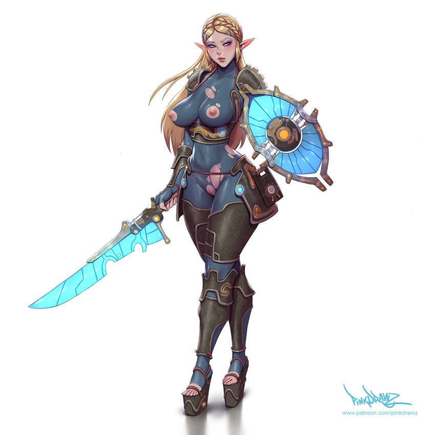 alternate_breast_size alternate_universe ancient_set_(zelda) armor bimbo blonde_hair blue_eyes blush bodysuit braid breasts breath_of_the_wild cameltoe covered_erect_nipples crown_braid energy energy_barrier energy_blade energy_shield energy_sword energy_weapon eyeliner feet female female_only high_heels impossible_clothes large_breasts lips lipstick long_hair makeup nintendo nipples open_toe_shoes pinkdrawz platform_footwear platform_heels pointy_ears princess_zelda pussy red_lips revealing_clothes sheikah_slate shield skin_tight solo sword the_legend_of_zelda thick_thighs thighs tight_clothing toeless_footwear torn_clothes weapon wedge_heels white_background wide_hips zelda_(breath_of_the_wild)