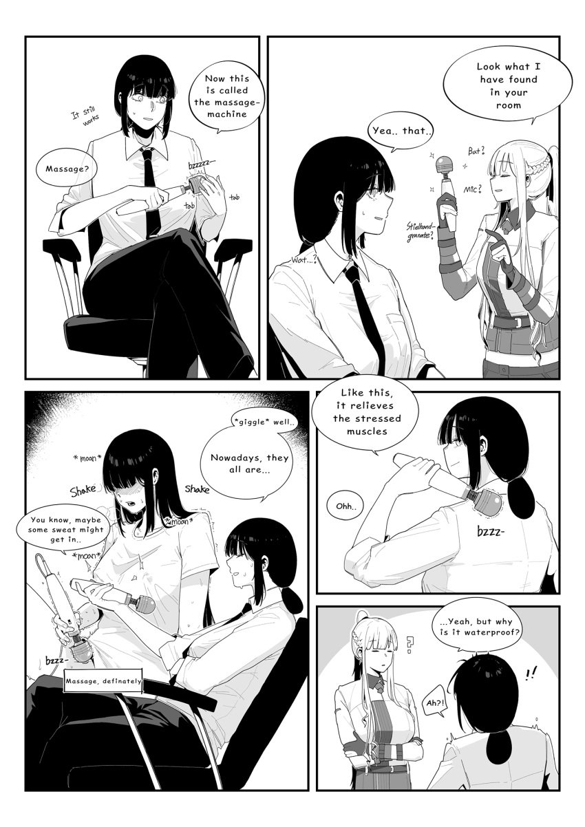 2girls ? ^^^ ak-12_(girls'_frontline) braid chair closed_eyes crossed_arms female female_commander_(girls'_frontline) formal french_braid girls'_frontline greyscale hair_bun hair_over_eyes highres hitachi_magic_wand huqu masturbation monochrome multiple_girls necktie office_chair open_mouth pant_suit parted_lips ponytail projected_inset sex_toy shirt sitting smile suit vibrator yuri