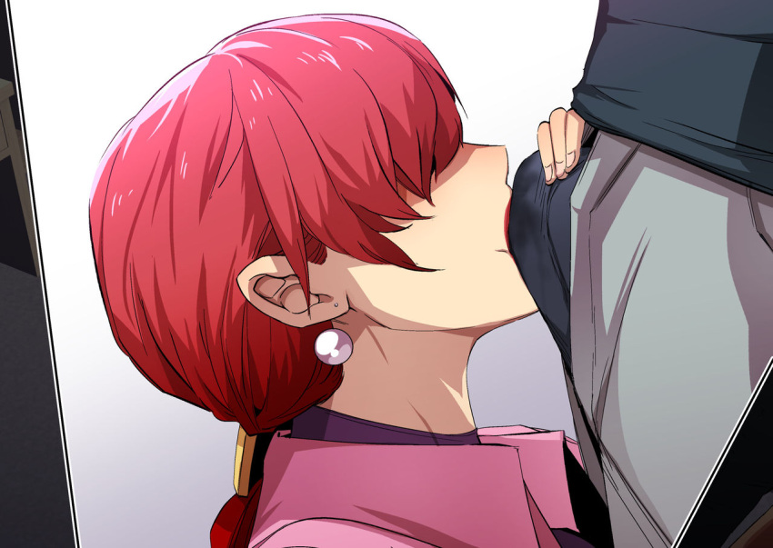 1boy 1girls brown_hair clothed_blowjob earrings female greco_roman_(spiral_brain) gureko_rouman hair_over_eyes jacket king_of_fighters leotard lipstick long_hair low_twintails male penis_under_clothes pink_jacket red_hair red_lipstick shermie_(kof) short_hair snk twintails