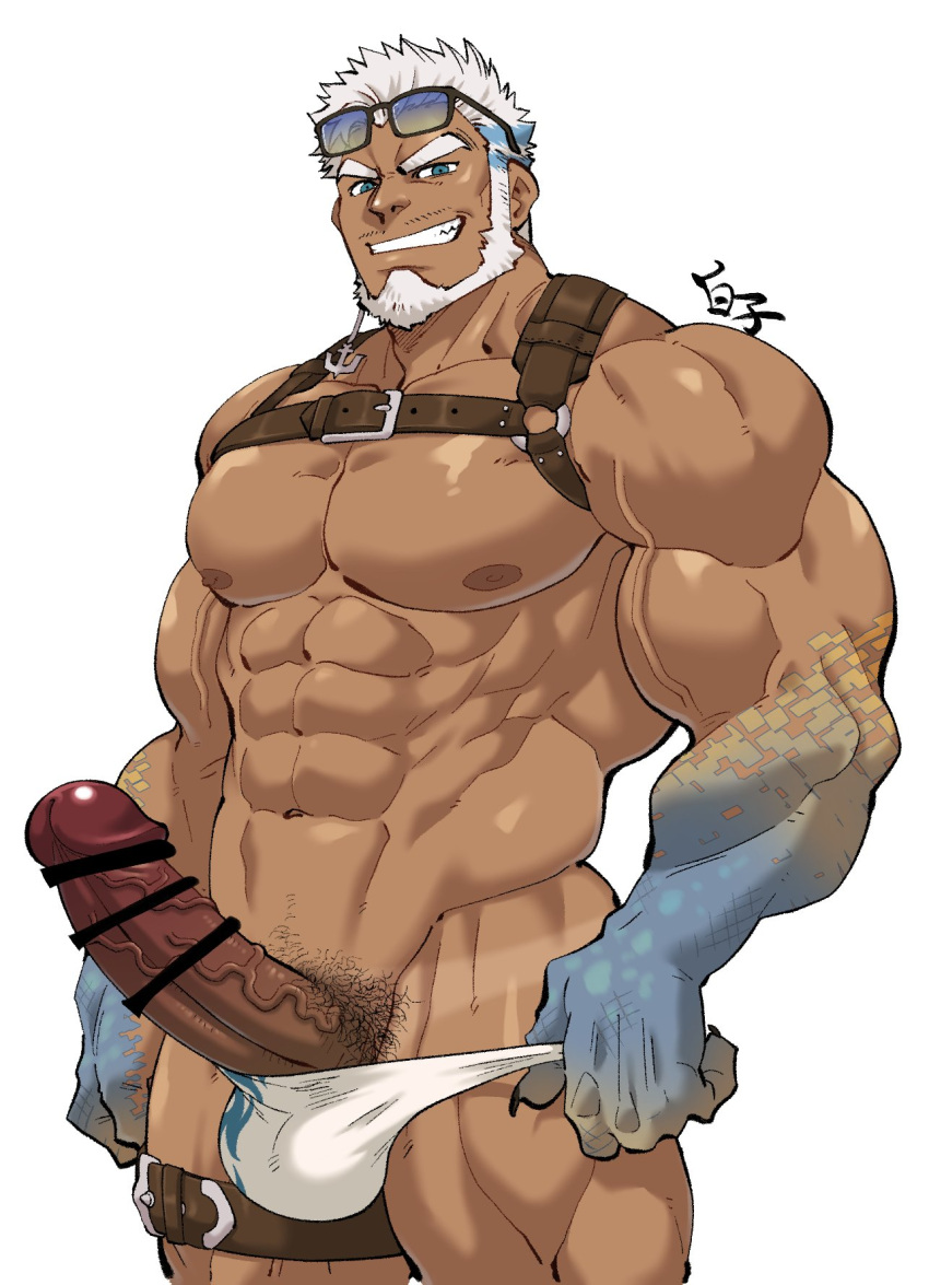 1boy 41raco abs aegir_(tokyo_afterschool_summoners) anchor_earrings aqua_hair bar_censor bara beard blue_eyes bulge censored chest_harness clothes_pull clothing_aside come_hither dark-skinned_male dark_skin earrings erection eyewear_on_head facial_hair feet_out_of_frame fingernails fins fish_boy harness highres jewelry kirupi large_pectorals large_penis leather male male_focus male_only male_pubic_hair male_swimwear mature_male multicolored_hair muscular muscular_male navel nipples pectorals penis pubic_hair pulled_by_self seductive_smile sharp_fingernails short_hair single_earring skindentation smile solo stomach streaked_hair sunglasses swim_briefs swimsuit swimsuit_aside tan tanlines thick_thighs thighs tokyo_afterschool_summoners topless_male veins veiny_penis white_hair white_male_swimwear