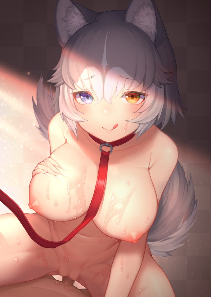 1boy :q akuma_(st.takuma) alternate_breast_size animal_collar animal_ears assertive_female bangs blue_eyes breasts censored collar collarbone colored_inner_hair commentary completely_nude cowgirl_position cowgirl_position dog_(mixed_breed)_(kemono_friends) dog_ears dog_girl dog_tail dutch_angle erection eyebrows_visible_through_hair female furrowed_brow grey_hair groin hair_between_eyes hand_on_own_chest hand_up heterochromia highres kemono_friends large_breasts leaning_forward leash licking_lips medium_hair mosaic_censoring multicolored_hair navel nipples nude orange_eyes penis pov red_collar seductive_smile sex smile solo_focus spread_legs stomach straddling straight sweat symbol-only_commentary tail tongue tongue_out two-tone_hair vaginal_penetration white_hair