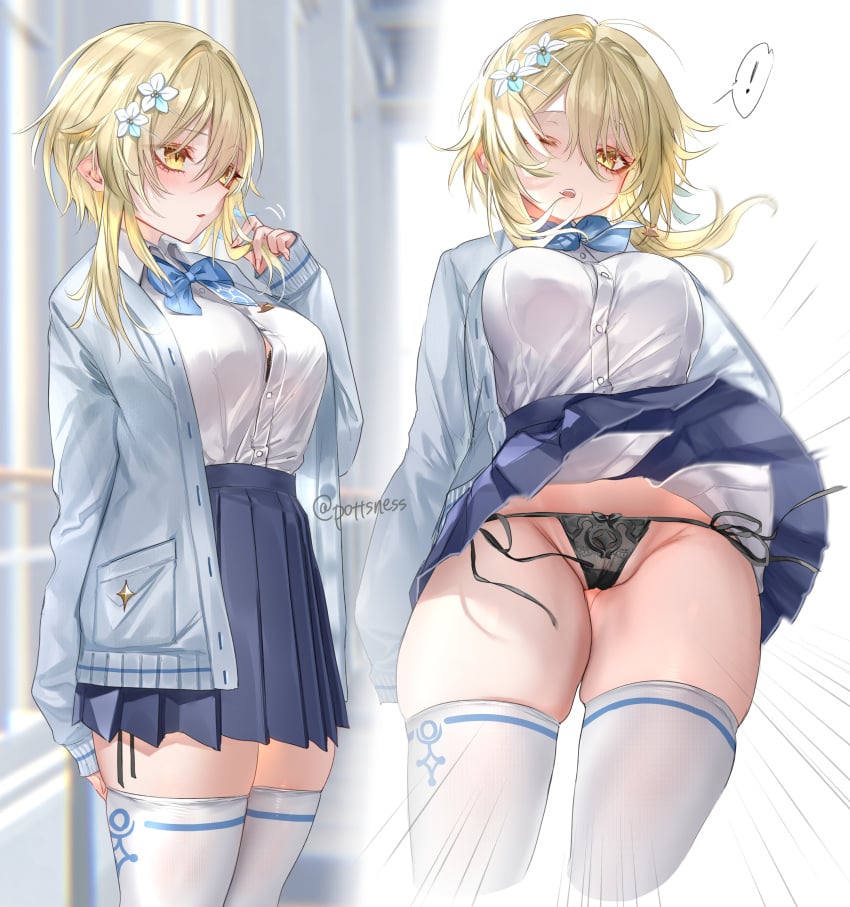 black_panties blonde_hair bra_peek button_gap genshin_impact lace_panties lumine_(genshin_impact) one_eye_closed outdoors panties panty_shot partially_visible_vulva pleated_skirt pottsness public short_hair side-tie_panties skindentation skirt skirt_lift student tagme thighhighs tights underwear white_tights wind_lift yellow_eyes