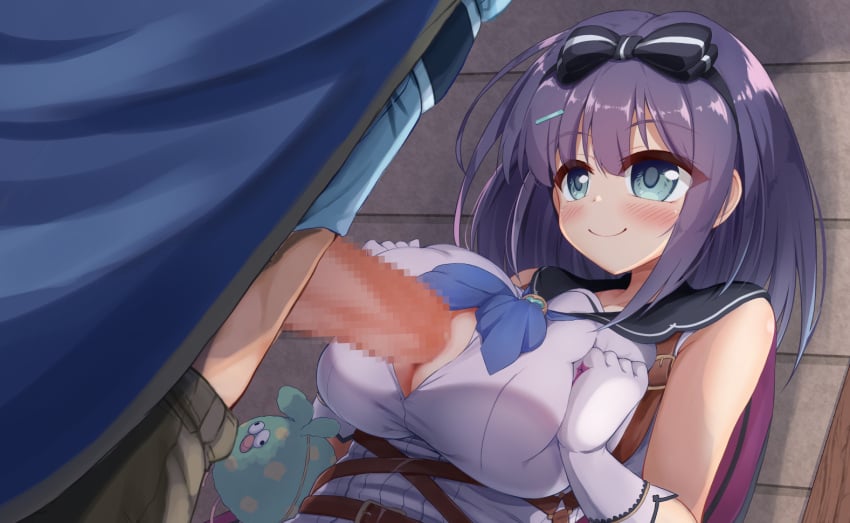 1boy artist_request belt black_bow blue_eyes blue_neckerchief blue_shirt bow breast_squeeze breasts buckle censored cleavage cleavage_cutout closed_mouth clothing_cutout female gloves hair_ornament hairbow hairclip huge_breasts looking_at_another medium_hair mikage_(shibi) misora_(princess_connect!) mosaic_censoring nagare_misora neckerchief paizuri paizuri_under_clothes penis perpendicular_paizuri princess_connect! princess_connect!_re:dive purple_hair self_fondle shiny shiny_hair shirt smile straight striped striped_bow upper_body white_gloves yuuki_(princess_connect!)