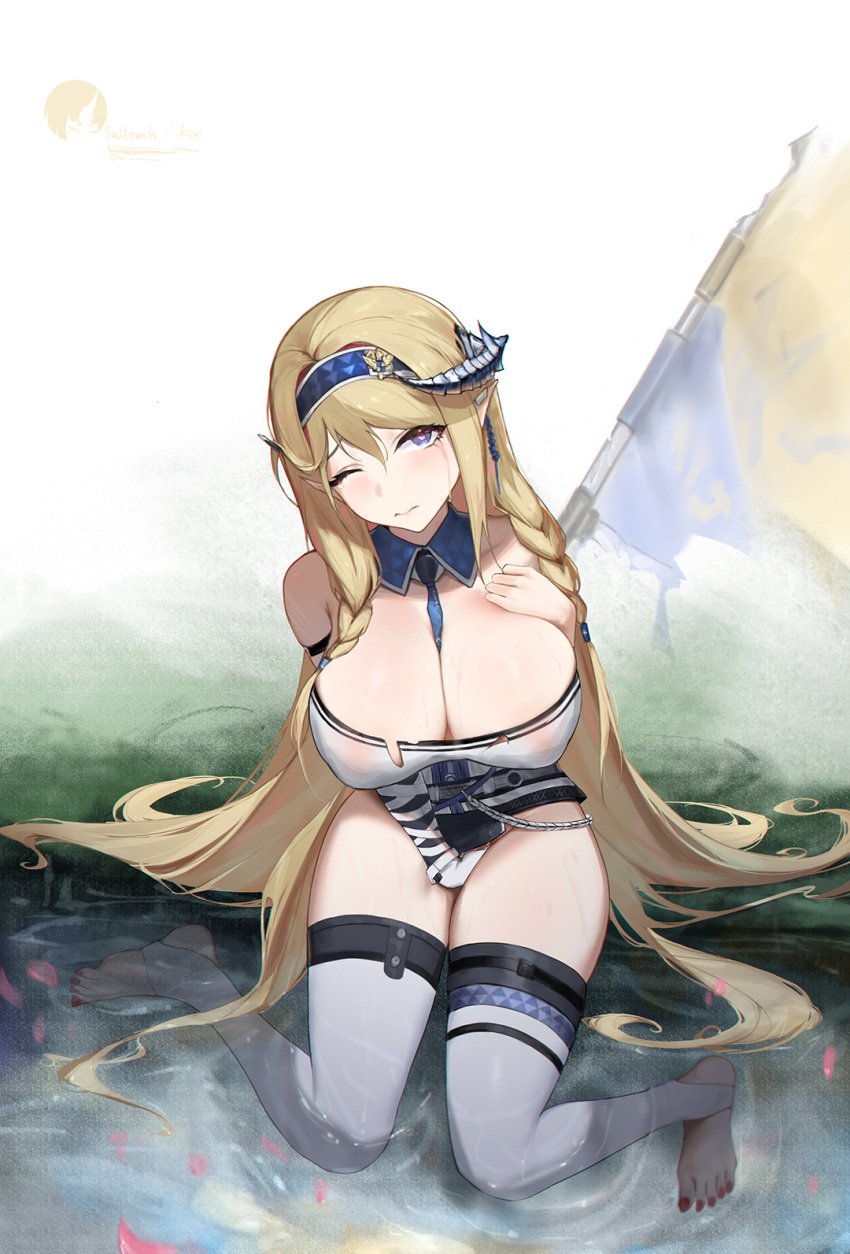 arknights bare_shoulders blonde_hair blue_eyes blue_hairband blue_necktie blush bottomless braid breasts cleavage closed_mouth covered_nipples crying crying_with_eyes_open detached_collar dragon_horns female flag full_body gloves hairband hand_on_own_chest heart heart-shaped_pupils highres horns large_breasts long_hair looking_at_viewer masturbation nail_polish necktie no_shoes petals pointy_ears red_nails saileach_(arknights) sawaki_ken single_glove skindentation solo stirrup_legwear symbol-shaped_pupils tears thighhighs toeless_legwear toenail_polish toenails twin_braids very_long_hair water white_gloves white_legwear