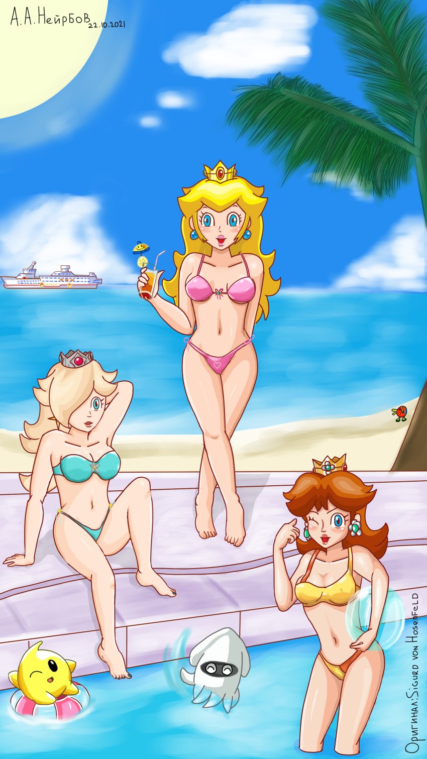 3girls beach big_breasts bikini blonde_hair blooper breasts brown_hair cataquack cleavage color crown daisy_cruiser female female_only hair_over_one_eye large_breasts long_hair luma mario_(series) medium_hair multiple_girls navel nintendo nonude ocean one_eye_closed partially_submerged pool poolside princess_daisy princess_peach princess_rosalina remake remastered shoulder_length_hair super_mario_bros. super_mario_galaxy super_mario_sunshine swimwear water wink аанейрбов