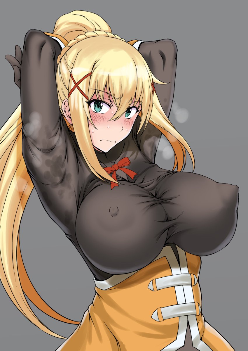 1girls anime armpits arms_behind_head big_breasts blonde_female blonde_hair blush blushing bodystocking breasts busty clothed clothed_female darkness_(konosuba) embarrassed erect_nipples female female_focus female_only horny horny_female kono_subarashii_sekai_ni_shukufuku_wo! large_breasts light_skin light_skinned_female long_hair looking_at_viewer manga matou nipple_bulge nipples nipples_visible_through_clothing perky_breasts perky_nipples pose posing round_breasts sensual skin_tight solo solo_female solo_focus steamy_armpits stretching tight_clothing tights