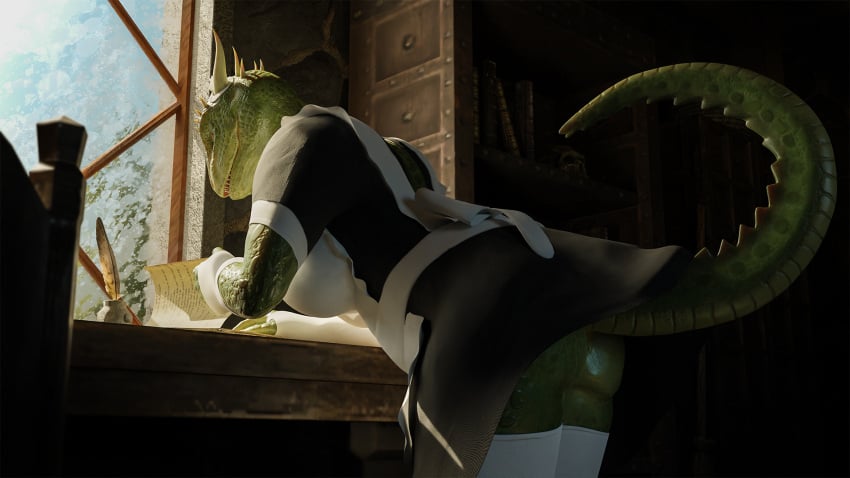 16:9 2021 3d_(artwork) against_furniture against_surface against_table anthro argonian ass bent_over bent_over_furniture bent_over_table bethesda_softworks blender_(software) breasts clothed clothing detailed_background digital_media_(artwork) female furniture green_body green_scales headgear headwear hi_res horn leaning lifts-her-tail maid_uniform orange_eyes raised_tail scales scalie solo spikes table tail tail_upskirt teeth the_elder_scrolls threedeedude uniform upskirt video_games widescreen