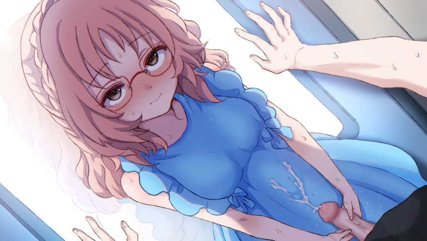 1boy 1girls blue_dress blush brown_hair censored cum cum_on_clothes daram_(shappydude) dress erection female glasses handjob highres kabedon komura_(sukinako_ga_megane_wo_wasureta) light-skinned_female light-skinned_male light_skin long_hair looking_at_viewer mie_(sukinako_ga_megane_wo_wasureta) penis pov sleeveless sleeveless_dress sukinako_ga_megane_wo_wasureta sundress train_interior window