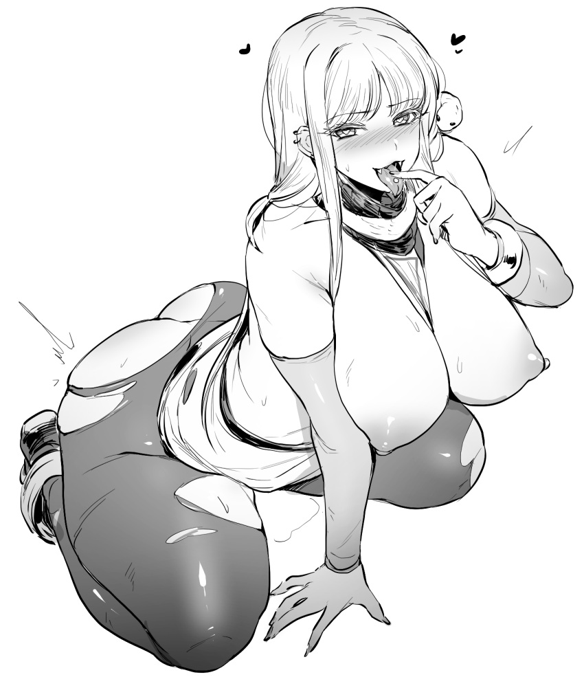 1girls belly big_ass big_breasts blush character_request copyright_request female_only fringe greyscale kneeling monochrome monotreme nails nipples open_mouth ripped_clothing ripped_leggings solo thick_thighs thirty_8ght tongue_out tongue_piercing