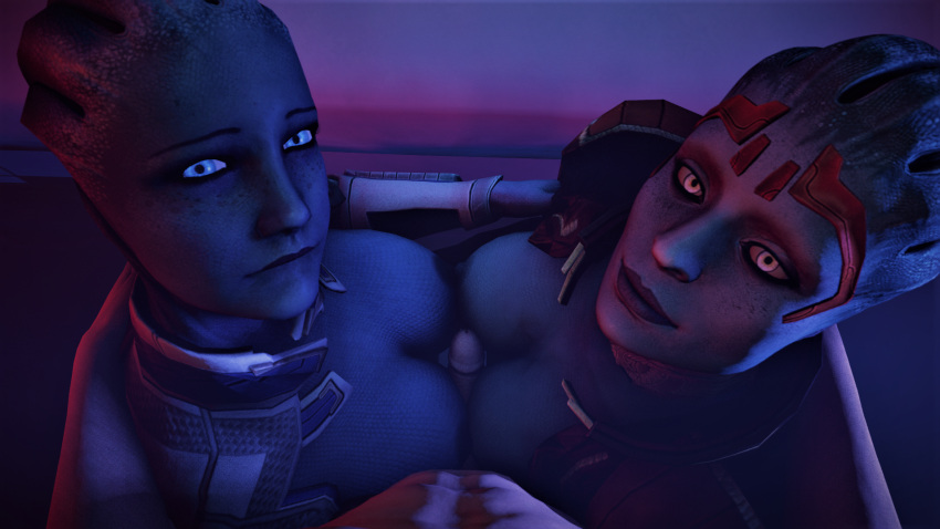 2girls 3d alien alien_girl asari athletic_female between_breasts bioware blue_body blue_skin human in_between liara_t'soni looking_at_viewer mass_effect poster pov samara sfm skeletron27 source_filmmaker