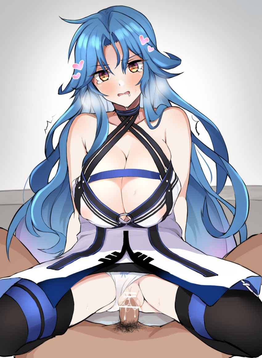 1boy :o argule0901 bad_id bad_pixiv_id bangs bar_censor black_legwear blue_hair breasts censored cleavage clothed_female_nude_male clothed_sex clothing_aside cowgirl_position criss-cross_halter cum cum_in_pussy female grey_background halterneck head_tilt heart highres huge_breasts long_hair looking_at_viewer mahou_tsukai_to_kuroneko_no_wiz male nereis_(mahou_tsukai_to_kuroneko_no_wiz) nude o-ring open_mouth overflow panties panties_aside parted_bangs penis pussy sex simple_background spread_legs straddling straight thighhighs underwear vaginal_penetration white_panties yellow_eyes