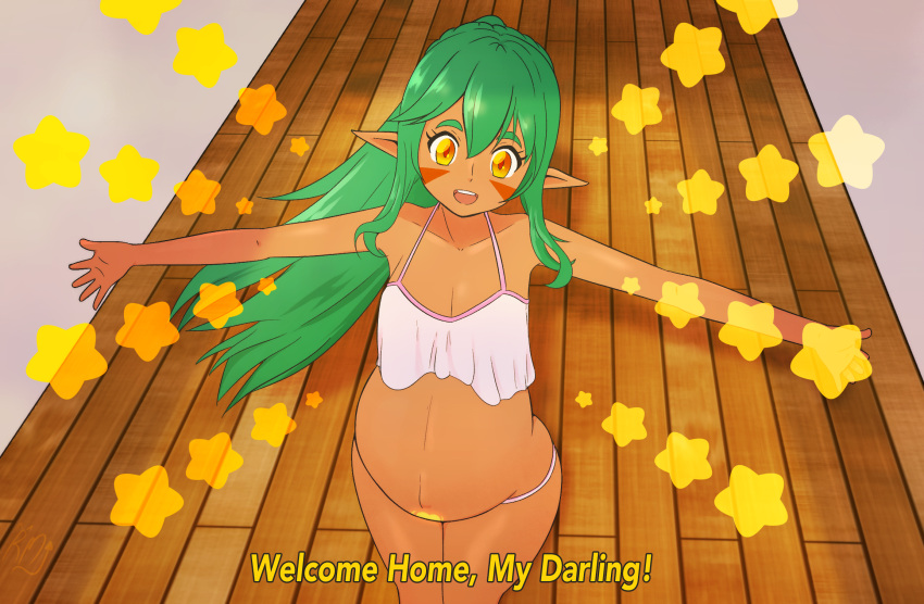 1girls arms_out belly bloated_belly celline_(riley_moore) elf female glowing_markings green_hair happy orange_eyes petite pregnant riley_moore_(artist) shorter_female tan tattoo wholesome wife