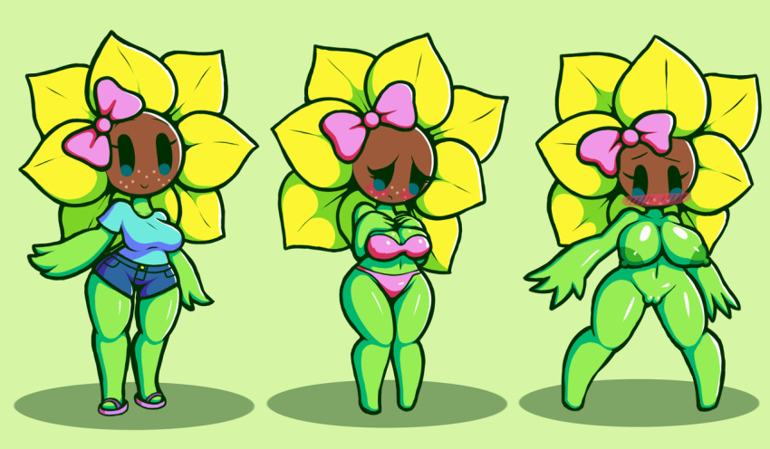 2018 anthro bikini blush blushing_profusely bow breasts clothed embarrassed embarrassed_nude_female enf female female_focus female_only flora_fauna flower green_background hands_on_breasts happy looking_down naked navel nipples nude nude_female nudity petal_(screwroot) pink_bikini plantie pussy screwroot smile standing sunflower unhappy