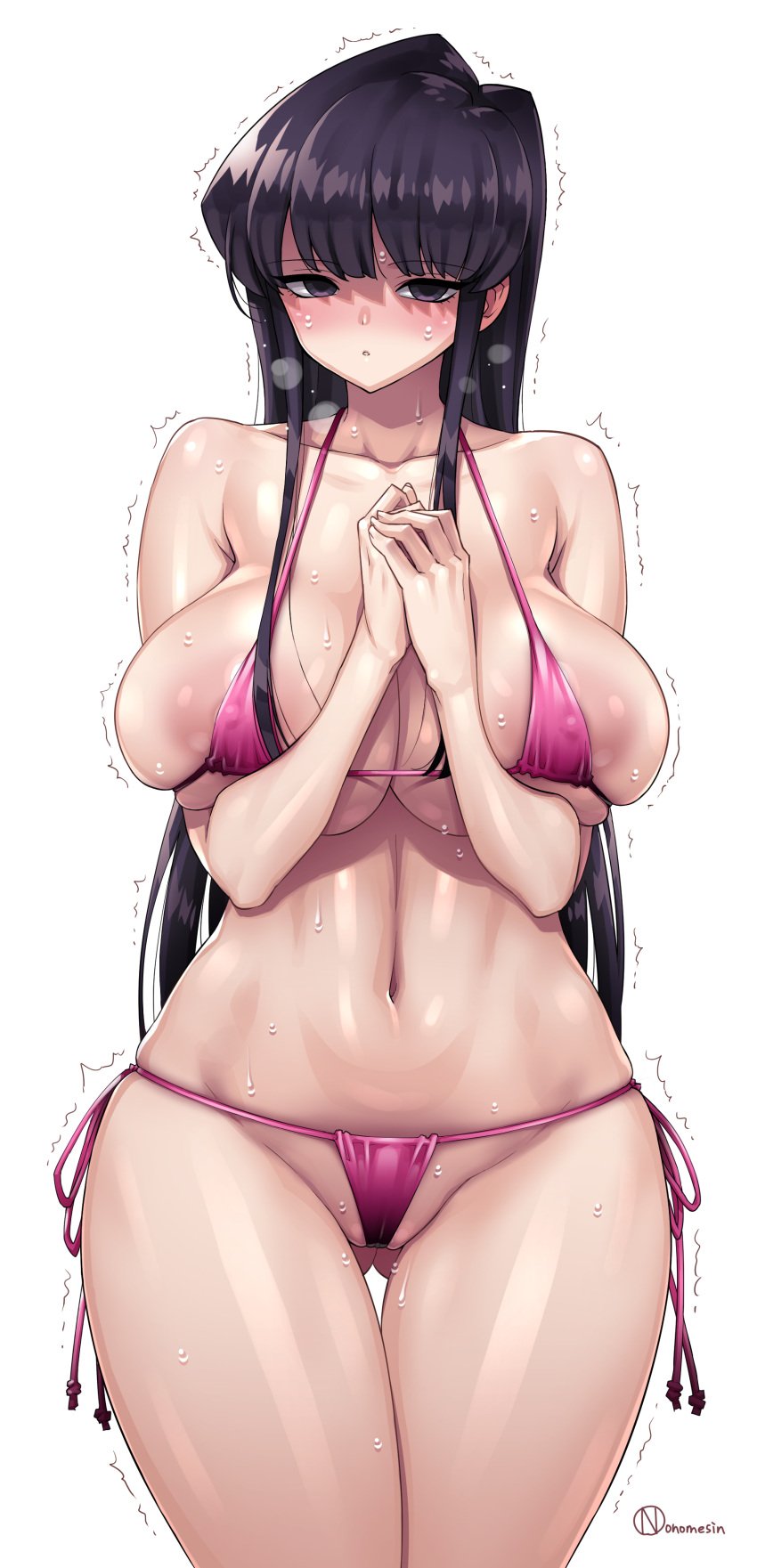 1girls areolae artist_signature bare_legs bare_shoulders bikini black_eyes black_hair blush breasts curvaceous curvy embarrassed fanbox_reward female female_focus female_only highres hips huge_breasts human komi-san_wa_komyushou_desu komi_shouko large_areolae long_hair looking_at_viewer nipples onomeshin shy simple_background slim_waist thick_thighs thighs too_small_bikini twitching white_background wide_hips