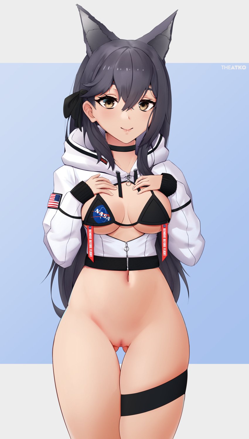 absurdres american_flag animal_ears ass_visible_through_thighs atago_(azur_lane) atago_(stunning_speedster)_(azur_lane) azur_lane bangs bikini bikini_top black_bikini black_choker black_hair bottomless bow breasts brown_eyes censored center_opening choker commission crop_top crossed_bangs extra_ears female hairbow hands_on_own_chest highres hood hood_down hooded_jacket jacket long_hair looking_at_viewer medium_breasts mosaic_censoring nasa_logo navel official_alternate_costume pussy solo swimsuit the_atko thigh_gap thigh_strap two-tone_background zipper zipper_pull_tab