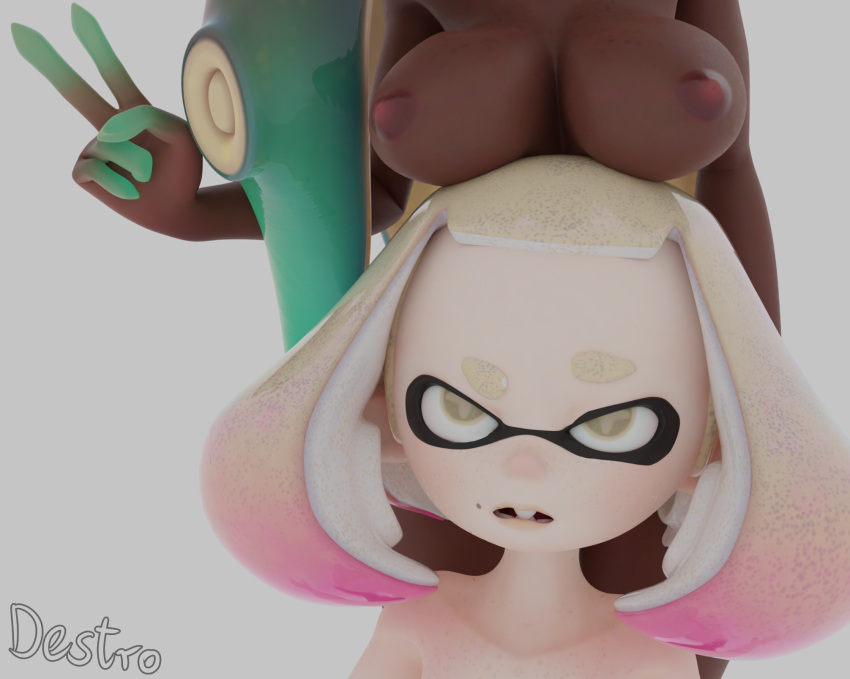 2girls 3d big_breasts blender boob_hat breasts dark-skinned_female dark_skin female female_only hdddestroyer inkling marina_(splatoon) octoling pearl_(splatoon) simple_background splatoon splatoon_2 tentacle tentacle_hair v_sign white_background yellow_eyes