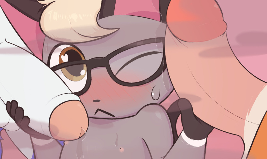 <3_eyes :< animal_crossing anthro beau_(animal_crossing) blonde_hair blus blush bodily_fluids domestic_cat erection eyewear felid feline felis fur gay genital_fluids genitals glasses grey_body grey_fur group group_sex hair heart heart-shaped_pupils hi_res holding_penis humanoid_genitalia humanoid_penis lobo_(animal_crossing) male male/male mammal mrdegradation nintendo nipples one_eye_closed penis penis_on_face precum raymond_(animal_crossing) sex sweat threesome video_games