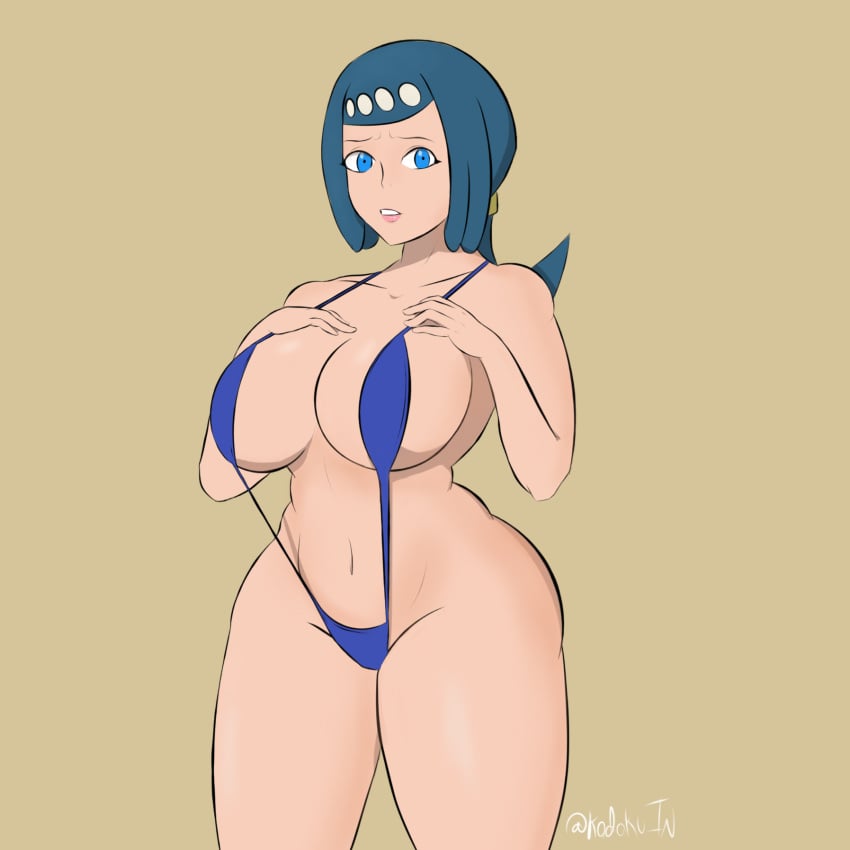 1girls big_breasts bikini blue_bikini blue_eyes blue_hair breasts gigantic_breasts hair_ornament hi_res highres human inkodoku lana's_mother_(pokemon) milf navel nintendo pokemon pokemon_sm sling_bikini tied_hair wide_hips