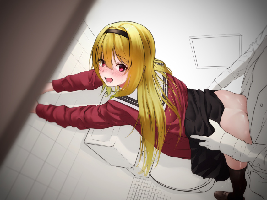 1boy against_wall ass bangs bent_over black_hairband black_legwear black_skirt blonde_hair blurry blurry_foreground blush brown_footwear cardigan clothed_sex clothes_lift commentary_request eyebrows_visible_through_hair female from_above hair_between_eyes hairband hands_up highres idolmaster idolmaster_cinderella_girls indoors kurosaki_chitose loafers long_hair long_sleeves looking_at_viewer looking_to_the_side looking_up nose_blush open_cardigan open_clothes open_mouth open_shirt outstretched_arms partially_colored pink_eyes raised_eyebrows red_cardigan sailor_collar saliva school_uniform serafuku sex sex_from_behind shadow shoes sidelocks skirt skirt_lift solo_focus standing standing_sex straight tears thighhighs toilet toilet_stall torso_grab viq white_sailor_collar