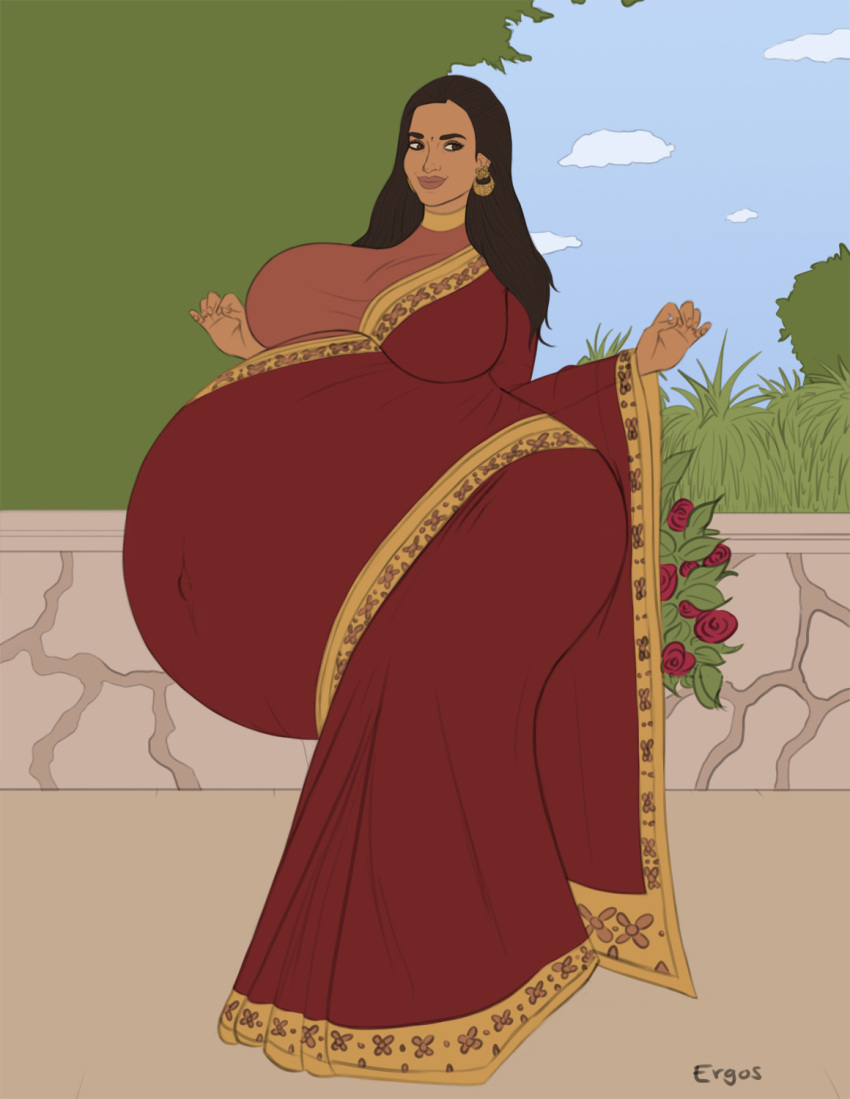 1girls belly big_belly big_breasts bindi breasts brown_eyes brown_hair brown_skin dark-skinned_female dark_skin ergos female huge_belly huge_breasts indian indian_female long_hair navel oral_vore outie_navel same_size_vore sari smile soft_vore solo_focus vore