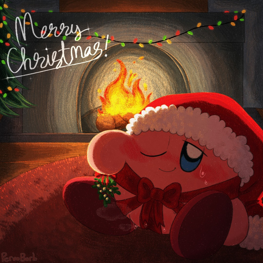 christmas christmas_lights feet female kirby kirby_(series) lights nintendo pervoborb pink_body pink_skin pussy red_feet santa_hat solo solo_female text vagina