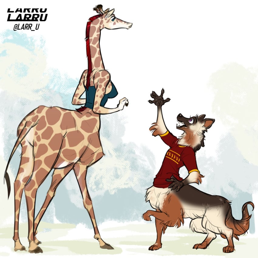 1:1 1boy 1girls absurd_res anthro bottomless breasts canid canid_taur canine canine_taur canis clothed clothing duo female furry giraffe giraffe_taur giraffid hair hi_res larru-larru male male/female mammal mammal_taur mane mane_hair taur topwear topwear_only wolf wolf_taur