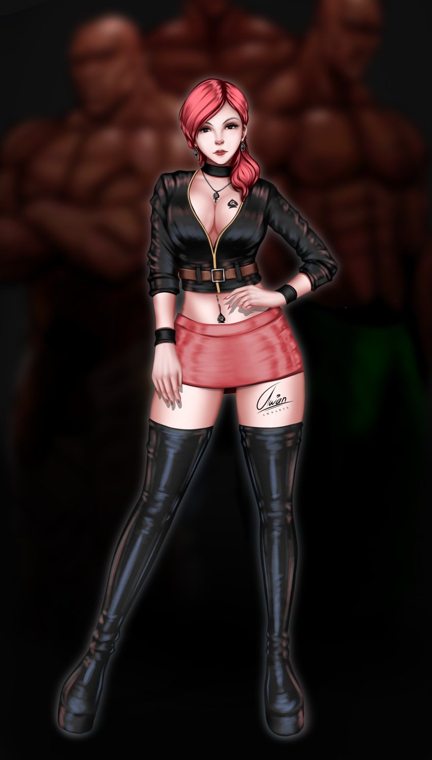 awn_arts black_boots boots chastity_key choker cleavage cuckold dark-skinned_male high_heel_boots leather miniskirt navel_piercing queen_of_spades tattoo thigh_boots thighhigh_boots tight_microskirt tight_miniskirt