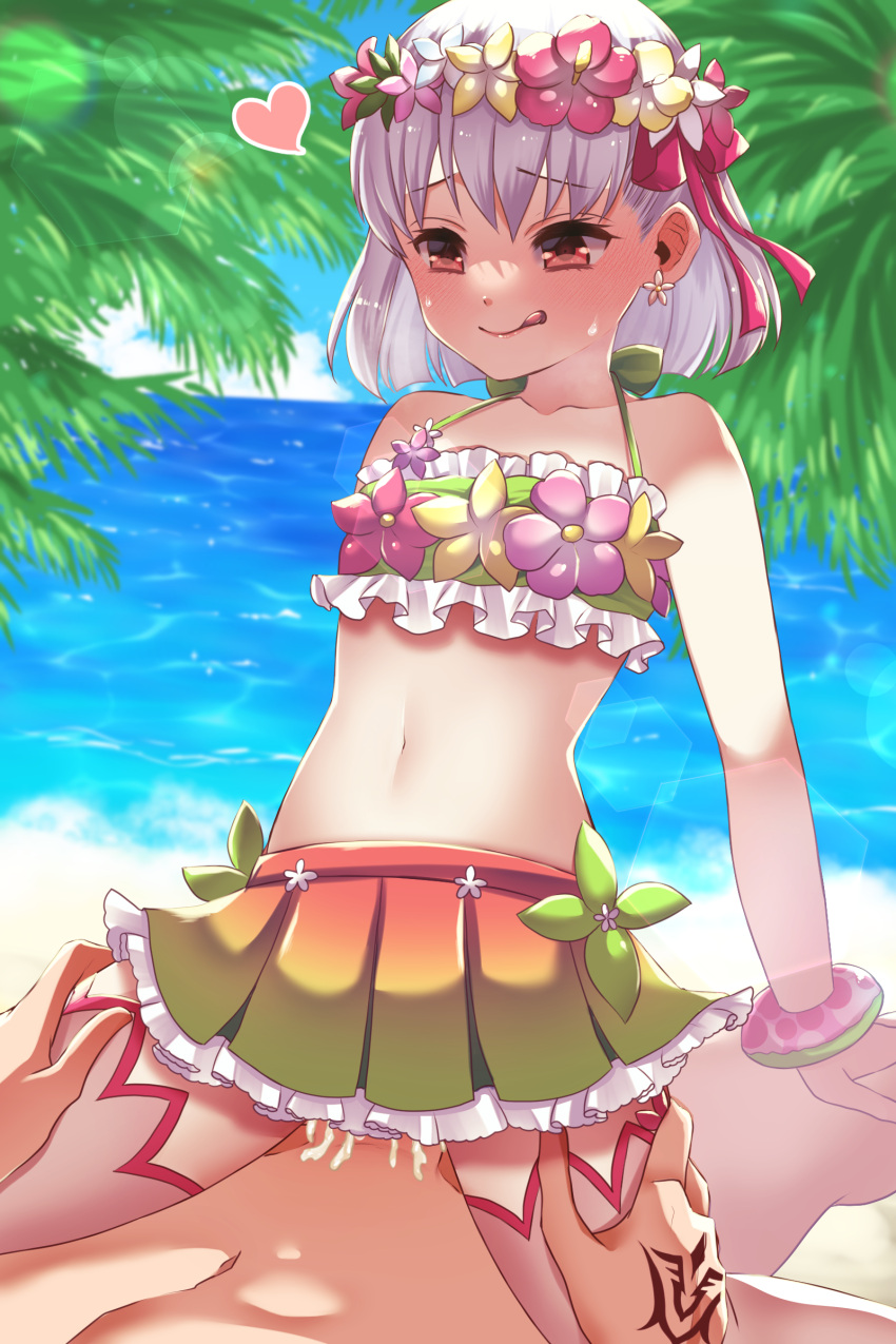 1boy absurdres bangs bare_shoulders beach bikini blue_sky blush breasts closed_mouth collarbone command_spell cowgirl_position cum cum_in_pussy fate/grand_order fate_(series) female flower_wreath green_bikini hair_ribbon head_wreath highres kama_(fate) kama_(swimsuit_avenger)_(fate) kama_(swimsuit_avenger)_(first_ascension)_(fate) licking_lips miniskirt navel ocean palm_tree penis rainbow_skirt red_eyes ribbon sex shore short_hair silver_hair skirt sky small_breasts smile straddling straight swimsuit thighhighs thighs tongue tongue_out tree utani_(punishment) white_legwear