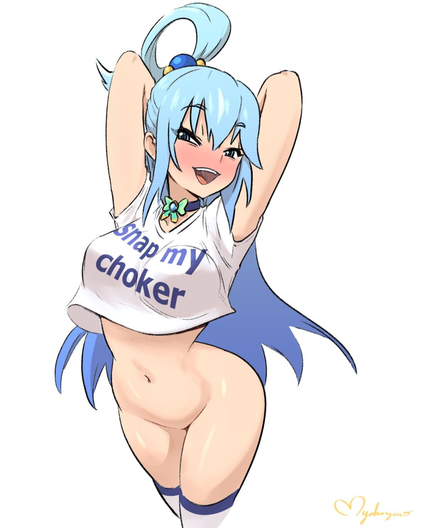 1girls aqua_(konosuba) arms_behind_head arms_up big_breasts blue_eyes blue_hair blush bottomless breasts choker eye_contact fair-skinned_female fair_skin female fuck-me_shirt goddess kono_subarashii_sekai_ni_shukufuku_wo! light-skinned_female light_skin looking_at_viewer myahogao shirt snap_my_choker solo standing thighhighs thighs white_background