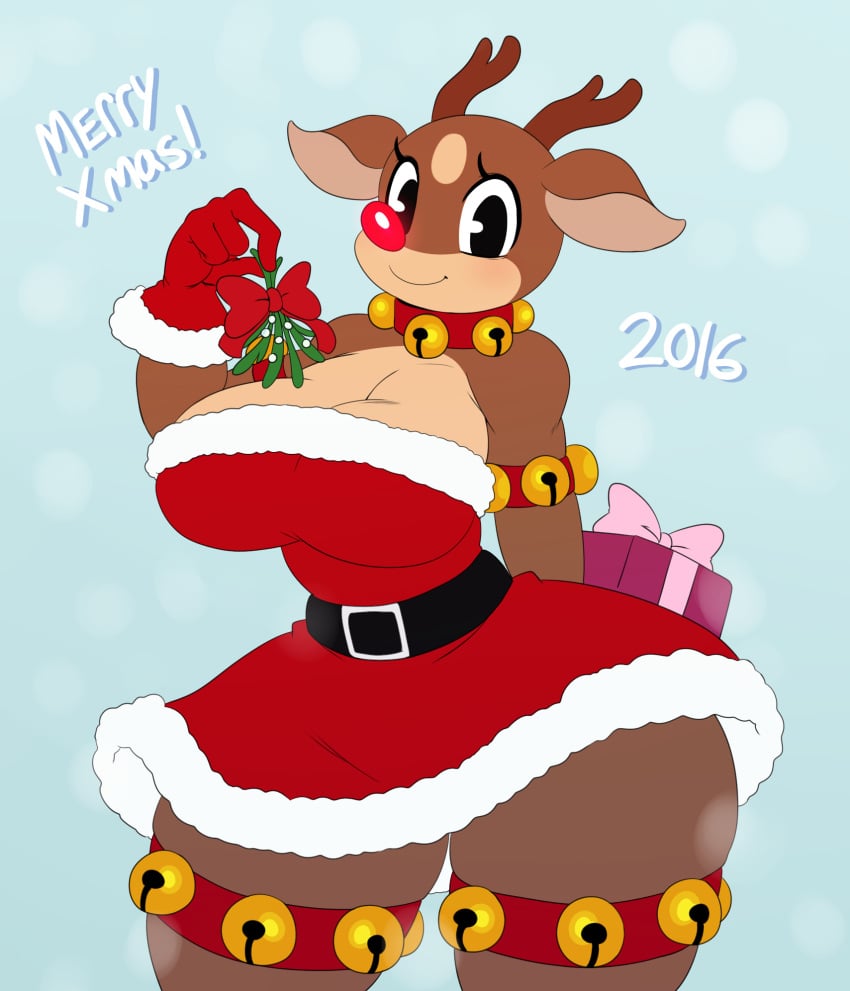 anthro antlers ass ass bell big_ass big_breasts big_butt breasts capreoline cervid christmas cleavage clothed clothing cute cute_face dress english_text female female_only gift gloves handwear hi_res holidays horn kissing_bough looking_at_viewer mammal mistletoe mtf_crossgender plant red_nose reindeer rudolph_the_red_nosed_reindeer rule_63 rule_63 simple_background smile solo solo_female sssonic2 text thick_thighs wide_hips