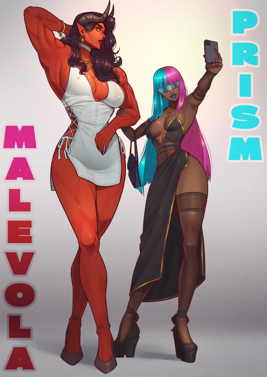 2d 2girls blue_hair blue_lipstick dark-skinned_female dark_skin demon demon_girl demon_horns dispatch_(game) dress elegant_dress empty_eyes english_text female female_only heels hi_res high_heels horns long_hair malevola_gibb muscle_mommy muscular muscular_female orcbarbies phone pointy_ears prism_(dispatch) purple_hair red_skin selfie simple_background stockings text tinted_eyewear two-tone_hair visor yellow_eyes
