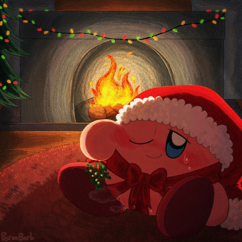 christmas christmas_lights feet female kirby kirby_(series) lights nintendo pervoborb pink_body pink_skin pussy red_feet santa_hat solo solo_female vagina