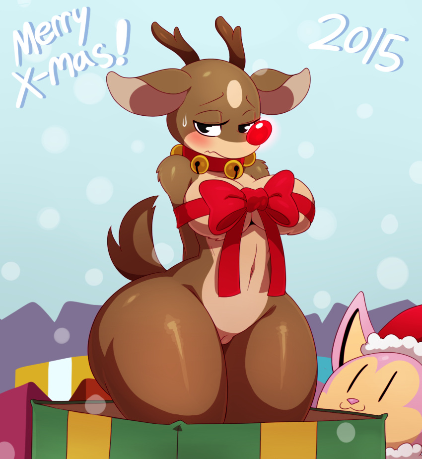 2015 :3 anthro antlers ass bell big_ass big_breasts blush bodily_fluids bondage bottomless bound bow_knot breasts capreoline cervid christmas clothed clothing collar curvy_figure cute cute_face digital_media_(artwork) duo embarrassed english_text felid female fur furry genitals gift_wrapped glowing glowing_nose hi_res holidays horn huge_hips living_gift looking_at_viewer mammal mostly_nude mtf_crossgender naked navel noodle_(sssonic2) nude pussy reindeer restrained ribbon_bondage ribbons rudolph_the_red_nosed_reindeer rule_63 shy sssonic2 sweat sweatdrop tail text thick_thighs voluptuous wide_hips