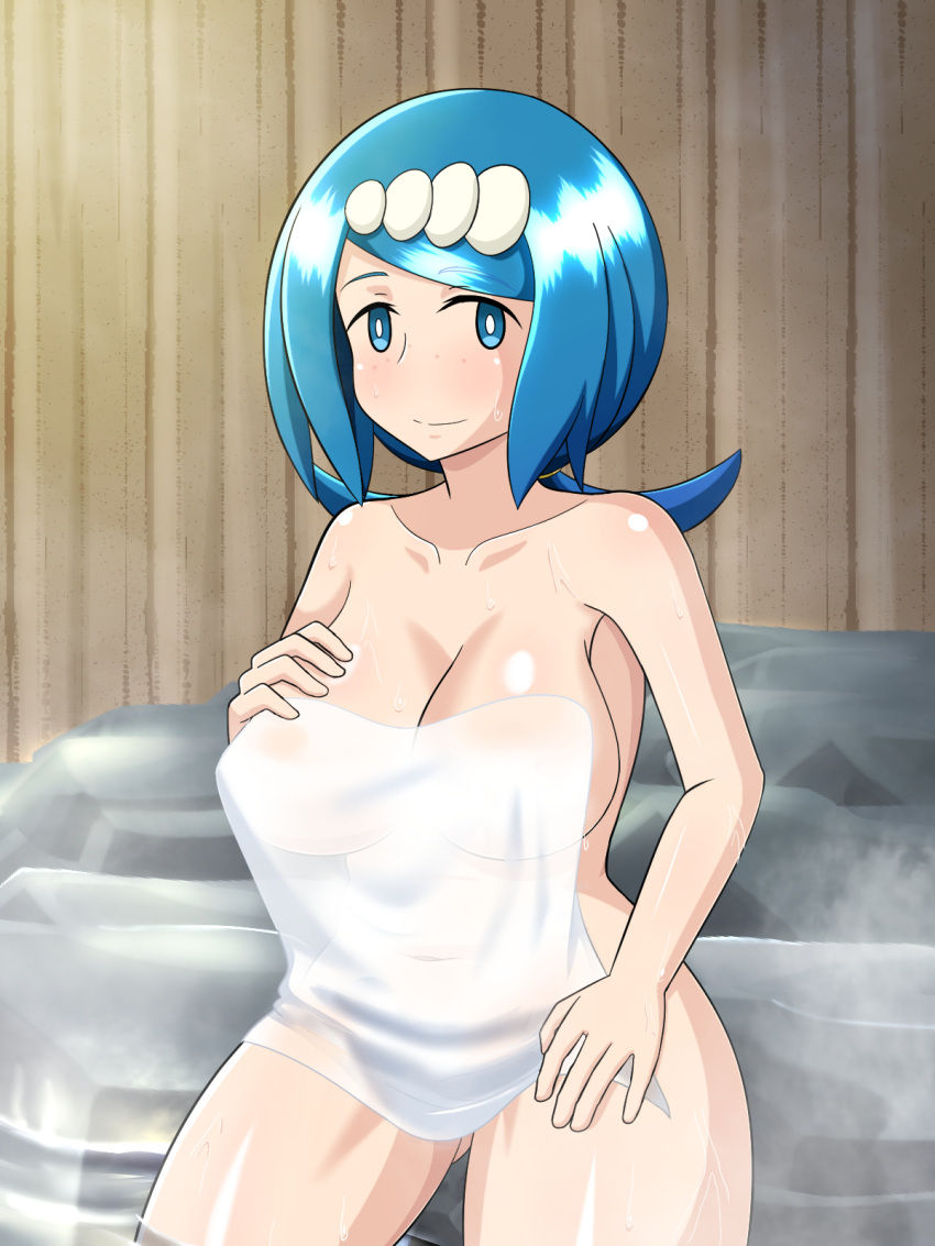 1girls bad_censor blue_eyes blue_hair breasts covering freckles gigantic_breasts hair_ornament hi_res highres human lana's_mother_(pokemon) milf mob_face nintendo pokemon pokemon_sm sauna solo tied_hair towel wet wide_hips yensh