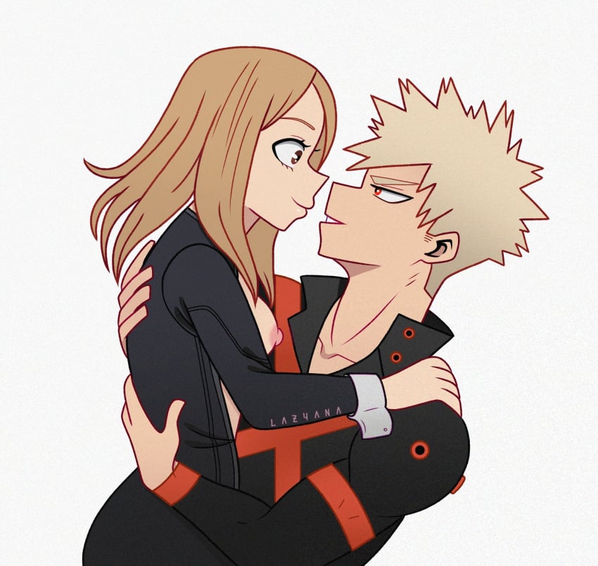 1boy 1girls blonde_hair breast_on_chest breast_out camie_utsushimi eye_contact hero_outfit_(mha) katsuki_bakugou lazyanart my_hero_academia smiling spiky_hair wholesome