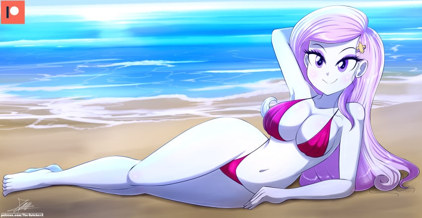 1girls arm_behind_head barefoot beach big_breasts bikini breasts cleavage commission draw_me_like_one_of_your_french_girls equestria_girls eyeshadow female fleur_de_lis_(eg) fleur_de_lis_(mlp) friendship_is_magic hasbro hi_res highres makeup my_little_pony navel patreon pinup pinup_pose red_bikini seductive signature solo solo_female swimsuit the-butch-x