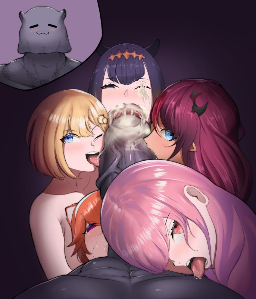 1boy 5girls ball_sucking big_penis blowjob cock_worship collaborative_fellatio cum cum_in_mouth cum_inside cum_on_face eye_contact fan_mascot_(vtuber) fan_mascot_focus_(vtuber) fellatio gigantic_penis harem hololive hololive_english hololive_english_-promise- hololive_myth huge_penis irys irys_(hololive) just_the_tip licking_nipples licking_penis looking_at_viewer male_pov mori_calliope multiple_fellatio multiple_girls ninomae_ina'nis okaimikey oral penis_awe pink_hair pov smegma sucking_testicles sucking_tip takanashi_kiara tako_(ninomae_ina'nis) veiny_penis virtual_youtuber watson_amelia